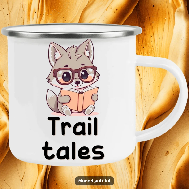 Funny enamel camping mug with a kawaii maned wolf wearing large glasses and reading a small book, for outdoor study.
