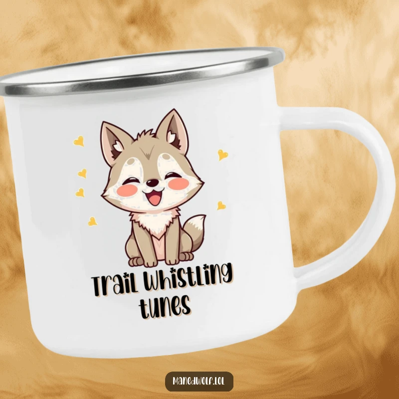 Funny Kawaii Maned Wolf Camping Mug featuring a wolf happily chirping, durable for outdoor use, a perfect funny gift.