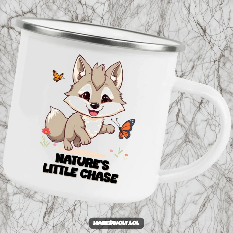Funny maned wolf camping mug showing a cheerful wolf mid-chase after a butterfly, ready for adventure.