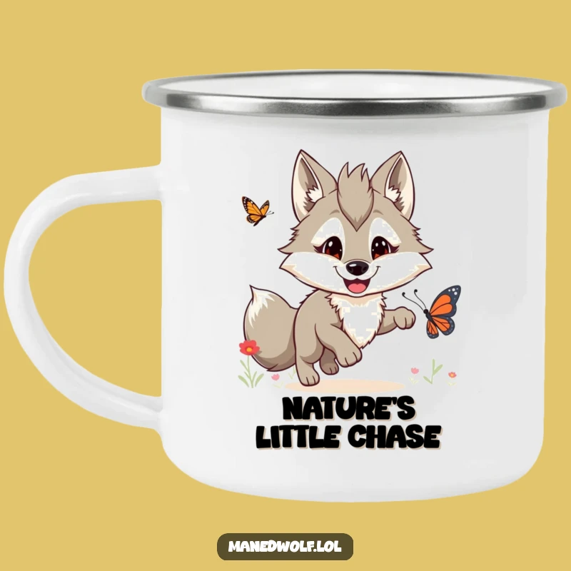 Funny Maned Wolf Butterfly Chase Camping Mug: Adventure Fuel with a Grin!