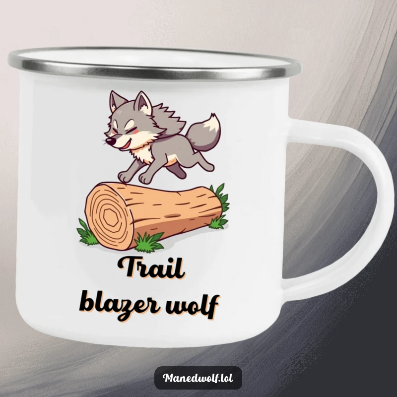 Funny Maned Wolf Camping Mug featuring an energetic leap design, durable and perfect for outdoor enthusiasts who appreciate humor.