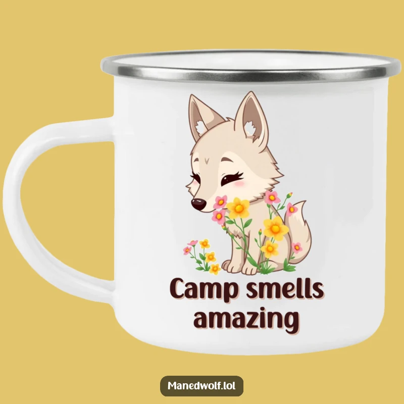 Funny Maned Wolf Flower Camping Mug: Enjoy Nature's Scent Outdoors