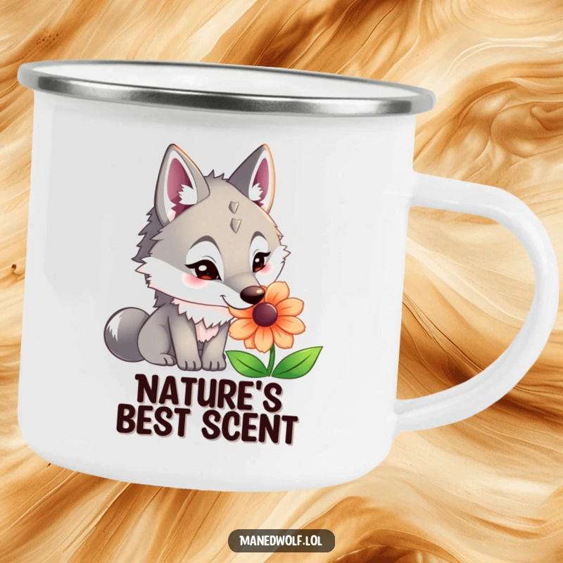 Funny maned wolf camping mug showing a curious wolf sniffing a vibrant flower, ready for outdoor adventures.