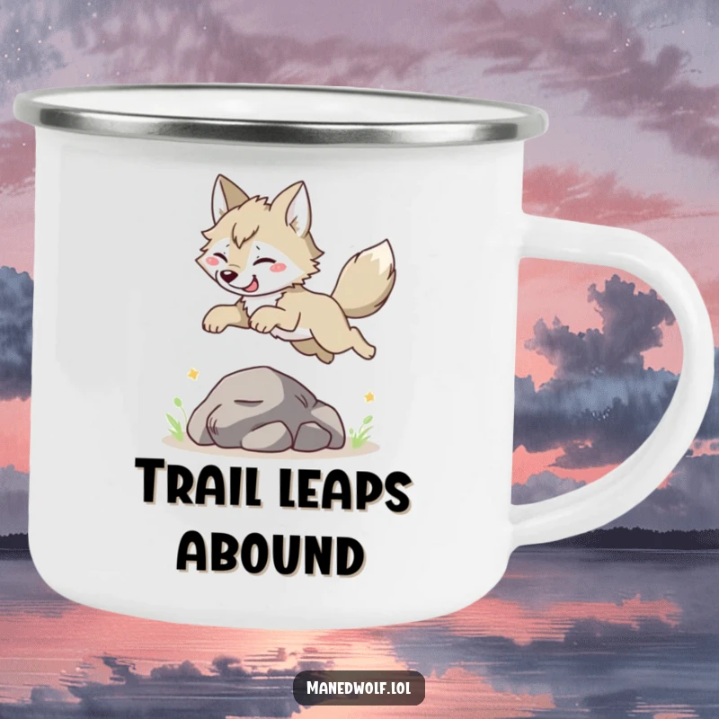 Funny Maned Wolf Camping Mug: Character joyfully leaping, ready for adventure, bringing smiles to outdoor enthusiasts, a fun gift.
