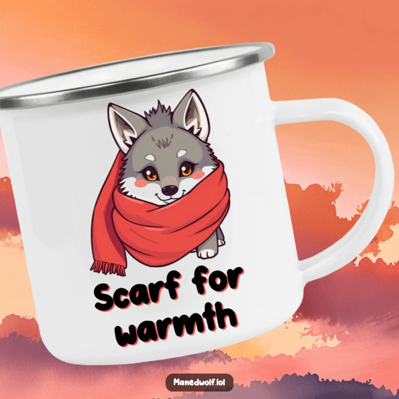 Funny Maned wolf peeking from behind a large red scarf on a camping mug, bringing humorous shy charm to outdoor trips.