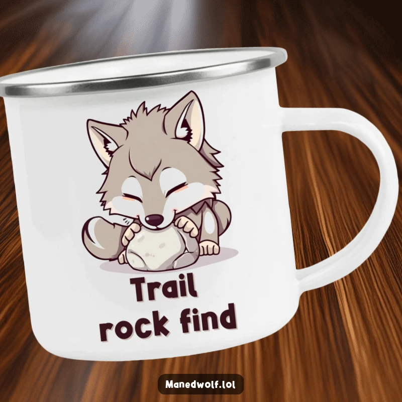 Funny maned wolf camping mug showing a playful wolf nudging a small stone with its nose.