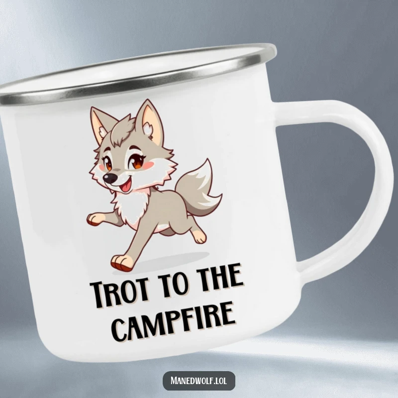 Funny maned wolf camping mug with a happy, bouncy trotting character, perfect for enjoying drinks in the great outdoors.