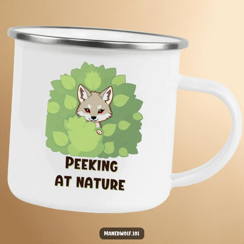 Funny shy maned wolf camping mug, peeking from a bush, durable mug for peaceful outdoor experiences.