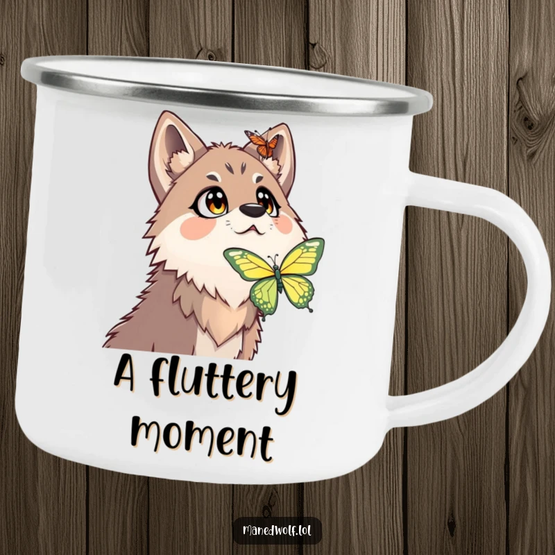Funny maned wolf camping mug with a surprised expression as it looks up at a descending butterfly.