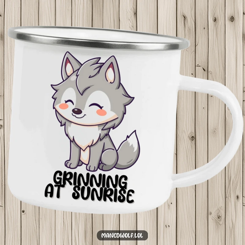 Funny maned wolf camping mug featuring a cute character with a happy grin and wagging tail, embodying outdoor cheer.