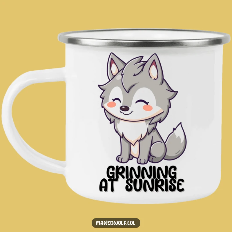 Happy Maned Wolf Grin Camping Mug: Enjoy Your Adventure with a Smile