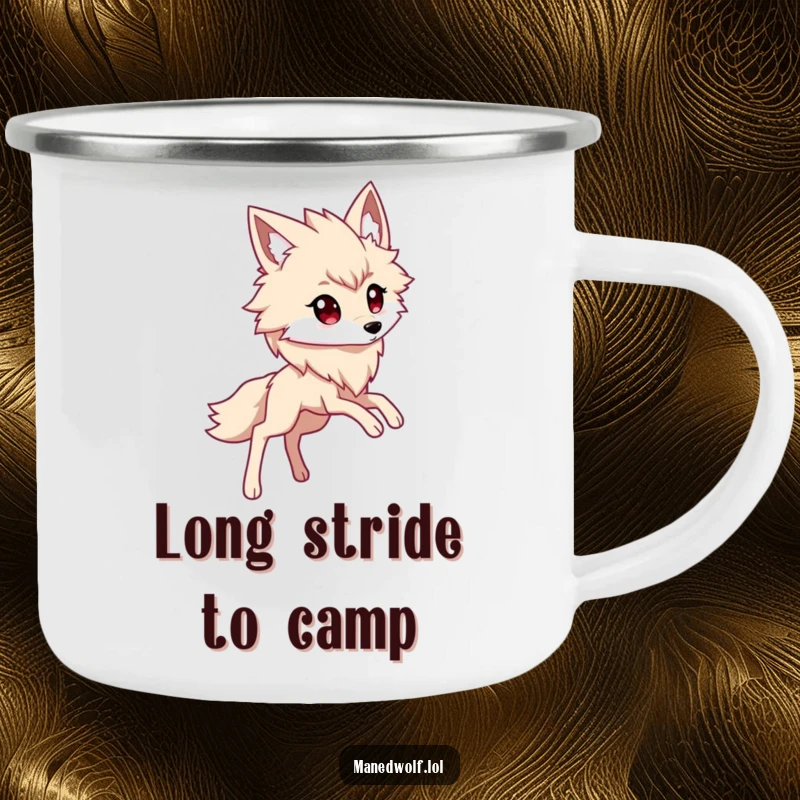 Funny kawaii maned wolf camping mug with a cute character and long legs in a purposeful stride, ideal for outdoor use.