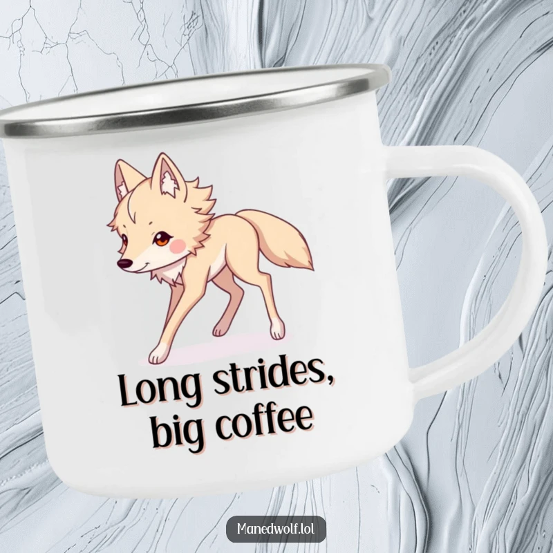 Funny Kawaii maned wolf camping mug showcasing long legs striding gracefully, perfect for outdoor enthusiasts seeking humor and charm.