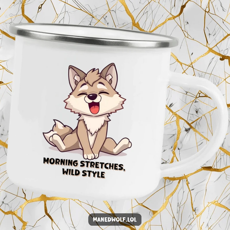 Funny Maned Wolf Yawn Camping Mug: Sturdy enamel mug with a maned wolf character stretching its long legs and yawning widely, ready for adventure.