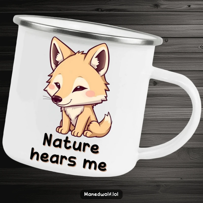 Funny Maned Wolf Camping Mug: Character listening intently, ready for adventure, bringing humor and alertness to outdoor mugs.