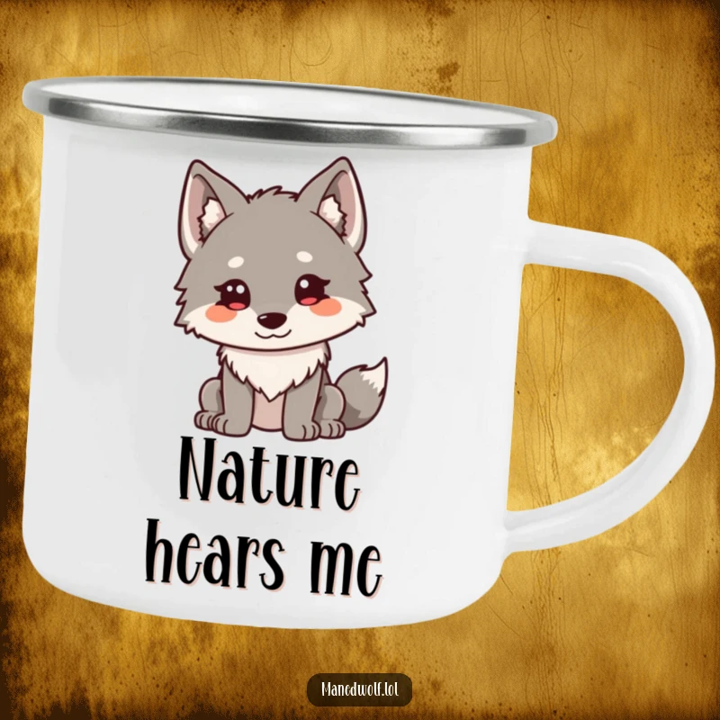 Funny Kawaii Maned Wolf Camping Mug: A cute maned wolf with ears perked curiously, ideal for outdoor contemplation and humor.