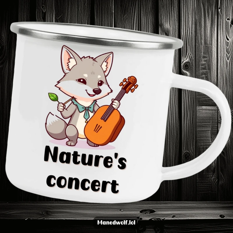 Funny enamel camping mug with a kawaii maned wolf conducting an orchestra using a leaf, perfect for outdoor performances.