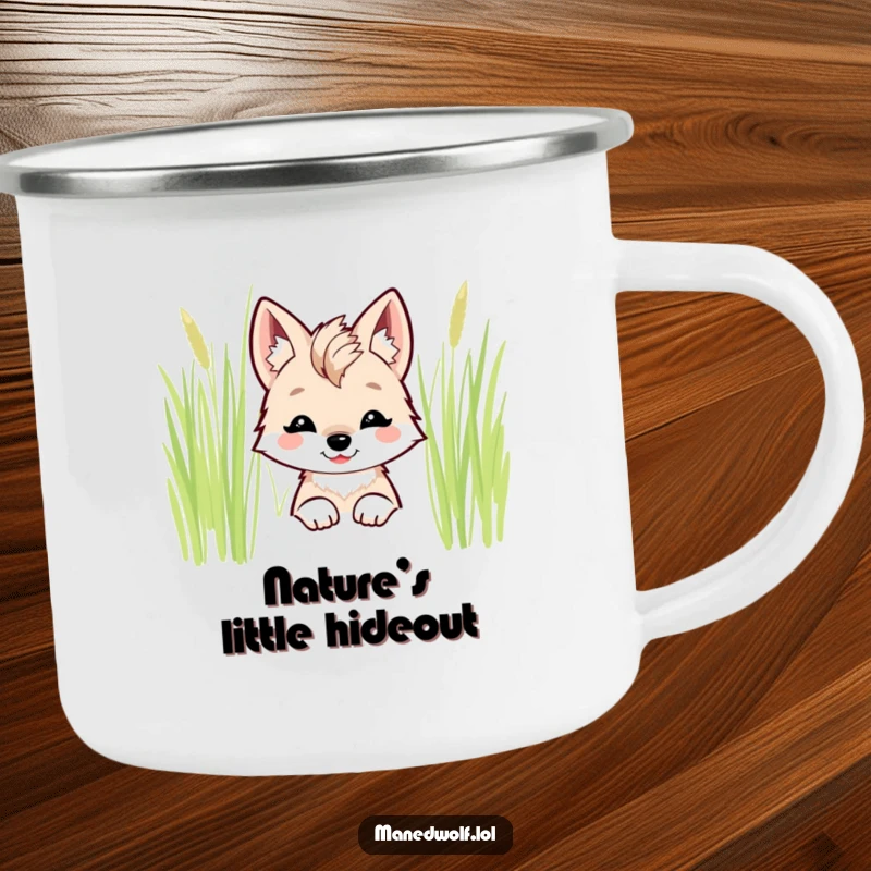 Funny kawaii maned wolf camping mug with a smiling wolf peeking from behind tall grass.