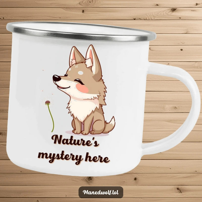 Funny maned wolf camping mug showing a wolf tilting its head quizzically at a dandelion seed.