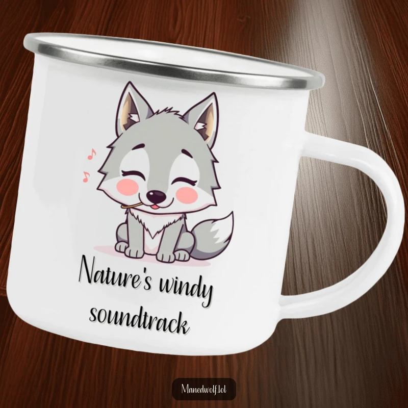 Funny Maned Wolf Camping Mug: A durable mug with a maned wolf puffing its cheeks to whistle, ready for campfire tales.