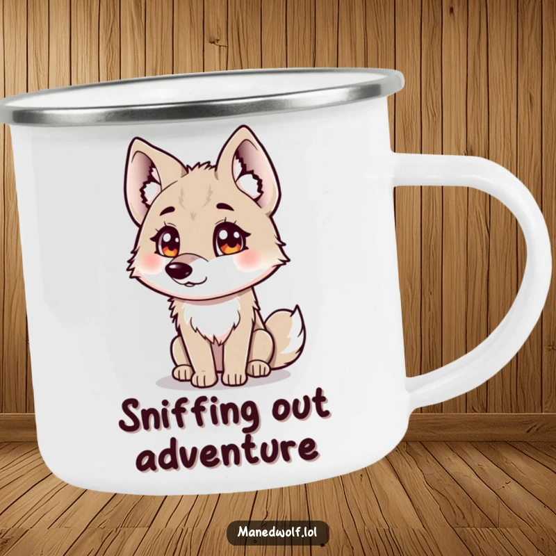 Funny maned wolf camping mug showing a curious maned wolf with fluffy ears tilting its head.