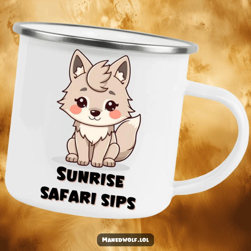 Funny Kawaii Maned Wolf Camping Mug: A smiling wolf with wagging tail, perfect for rugged adventures.