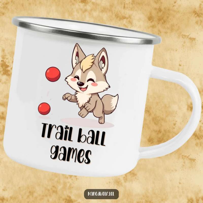 Funny camping mug with a cute maned wolf, smiling widely, playfully chasing a bouncing red ball.