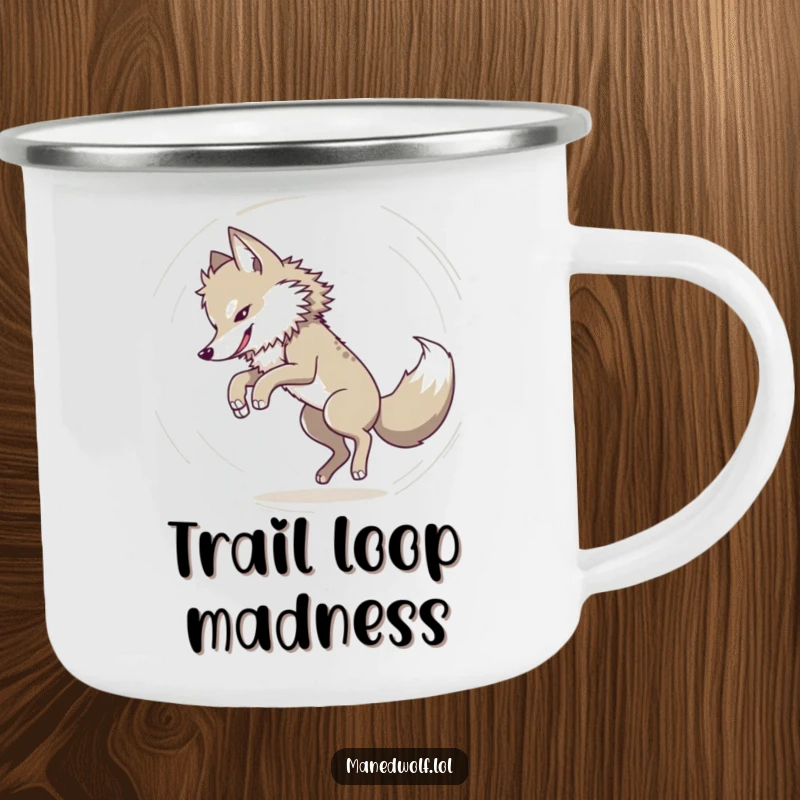 Funny Maned wolf tail chasing in a dizzy circle on a camping mug, bringing humorous playful charm to outdoor trips.