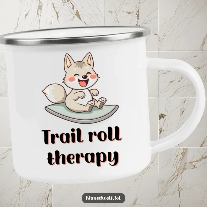 Funny camping mug with a maned wolf gleefully rolling down a hill, perfect for outdoor adventures and laughter.