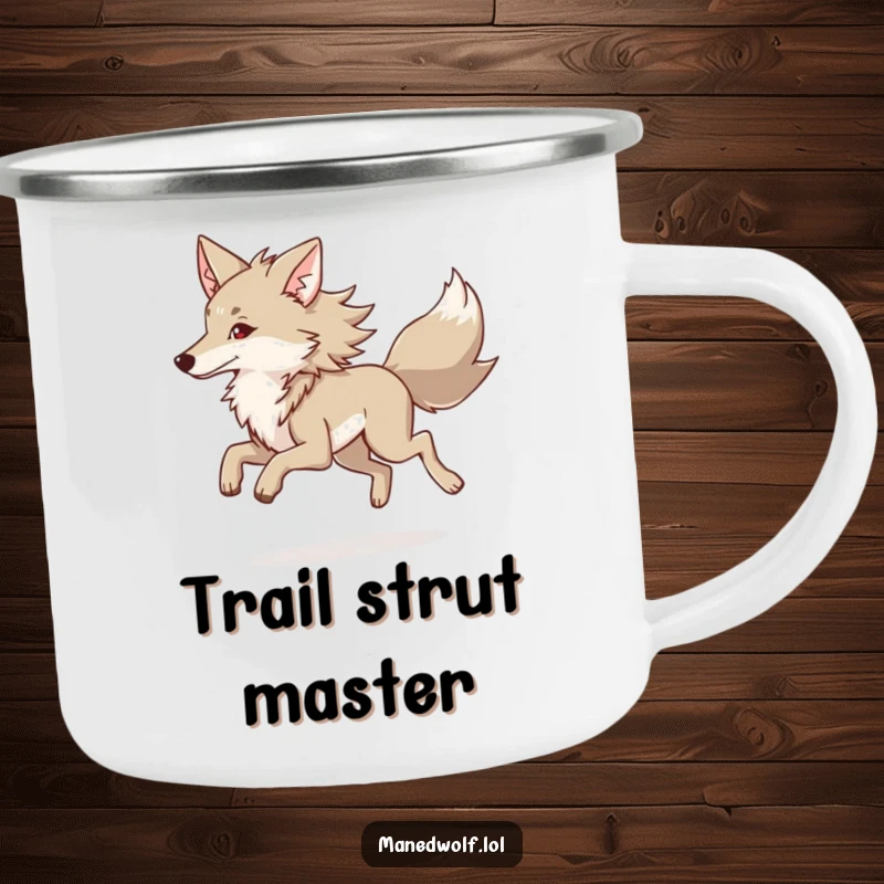 Funny Maned Wolf Camping Mug depicting a maned wolf in a graceful trot, perfect for elegant outdoor experiences.