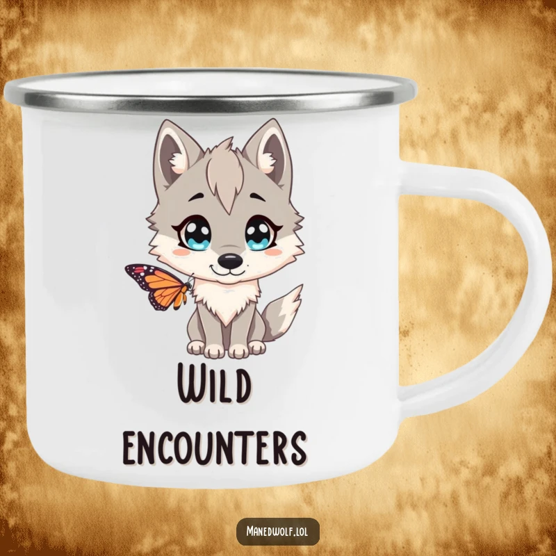 Funny Maned wolf camping mug, durable for adventures, showing the animal with wide eyes, playfully surprised by a butterfly.