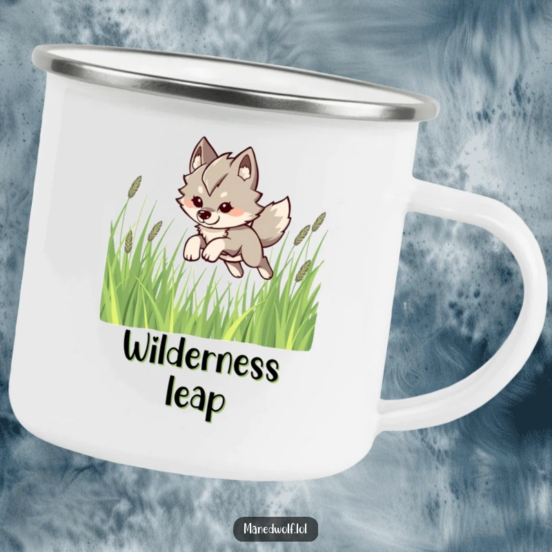 Funny Kawaii Maned Wolf Camping Mug: A cute maned wolf leaping playfully through tall grass, ideal for outdoor humor.