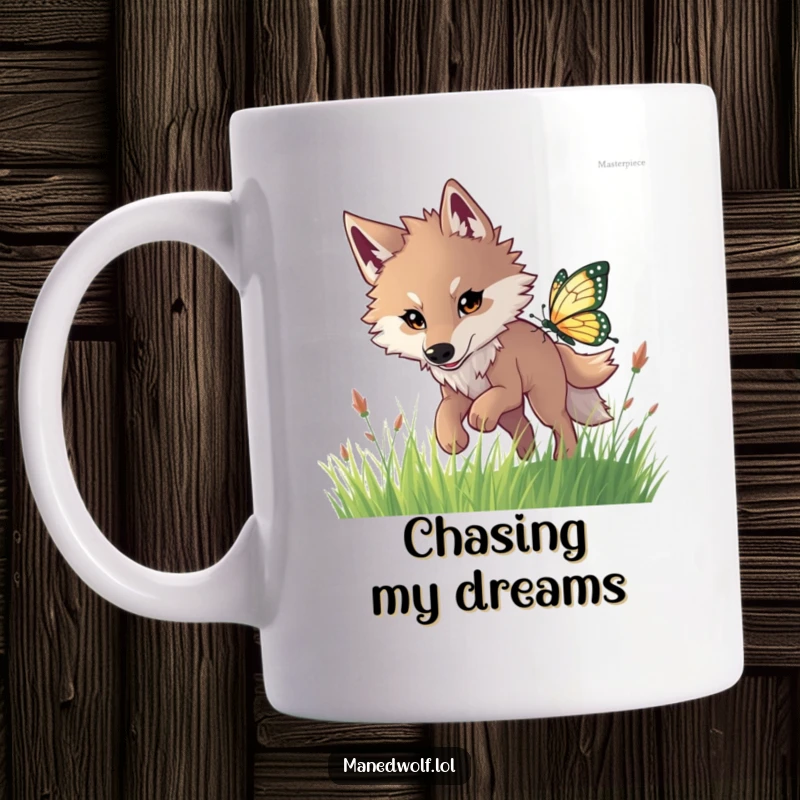 Funny maned wolf mug showing an excited wolf with long legs leaping after a shimmering butterfly in grassy fields.