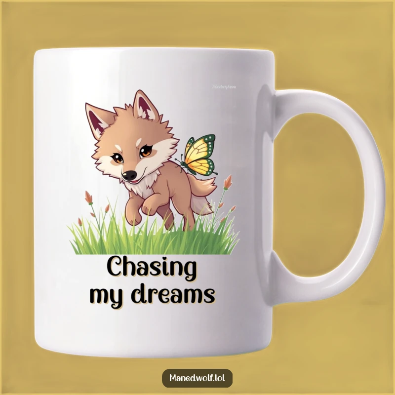 Funny Maned Wolf Butterfly Chase Mug: Joyful Pursuit Gift!
