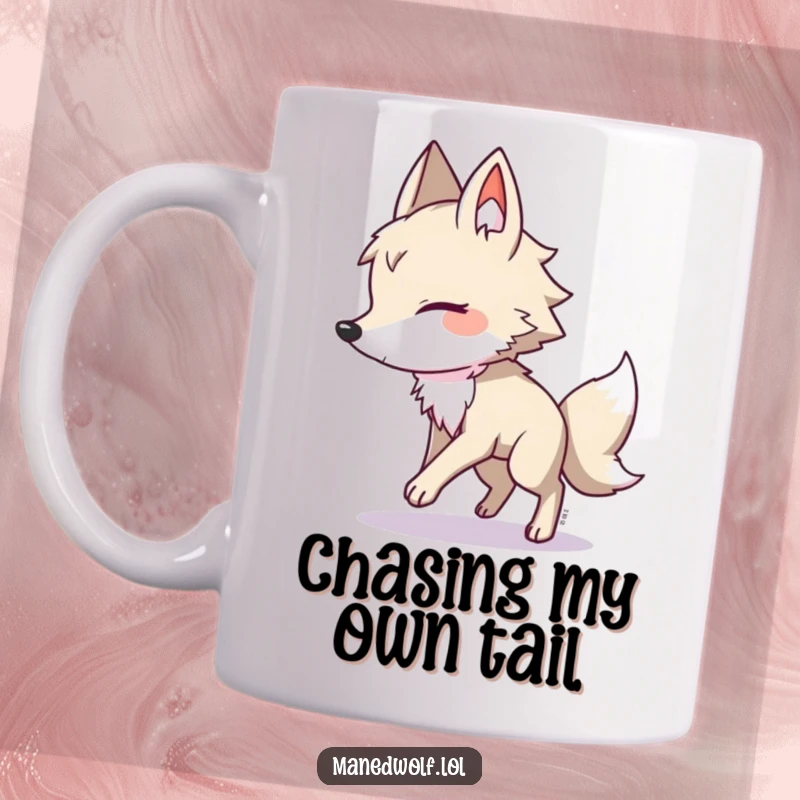 Funny maned wolf mug, playfully chasing its own shadow in circles, embodying curiosity and lighthearted amusement.