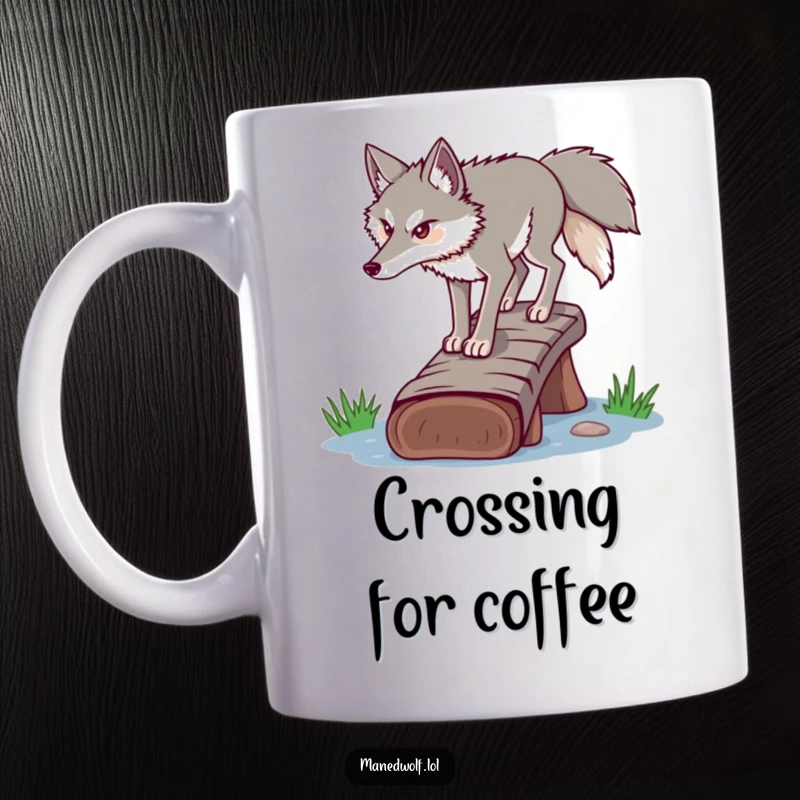 Funny determined maned wolf mug, carefully walking across a narrow log bridge, showing focus and resilience.