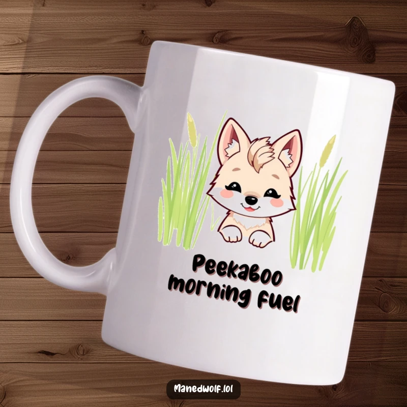 Funny kawaii maned wolf mug with a sweet smile peeking playfully from behind tall green grass.