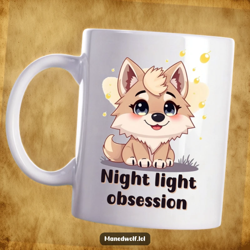 Funny mug: A maned wolf with incredibly wide, happy eyes gazes in awe at glowing fireflies at dusk.