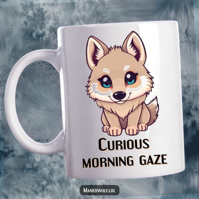 Funny Maned Wolf Mug: Small character looking up with bright, curious eyes, embodying innocence and wonder, a delightful gift.