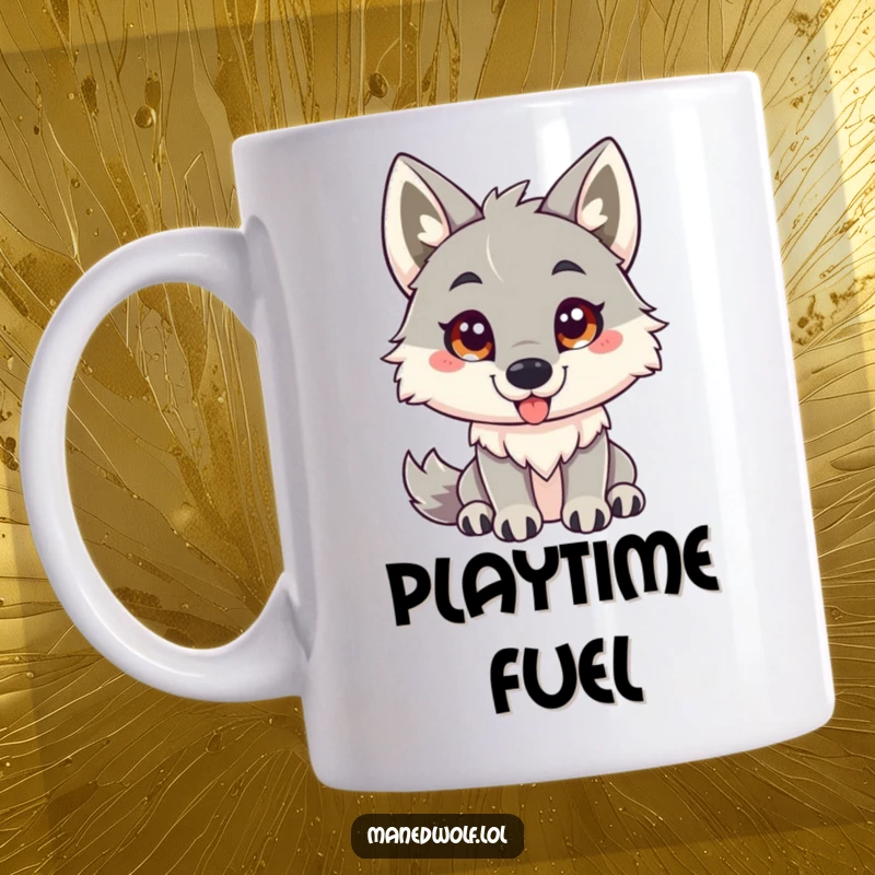 Funny maned wolf mug showing a friendly maned wolf with an inviting gaze, ready to play.