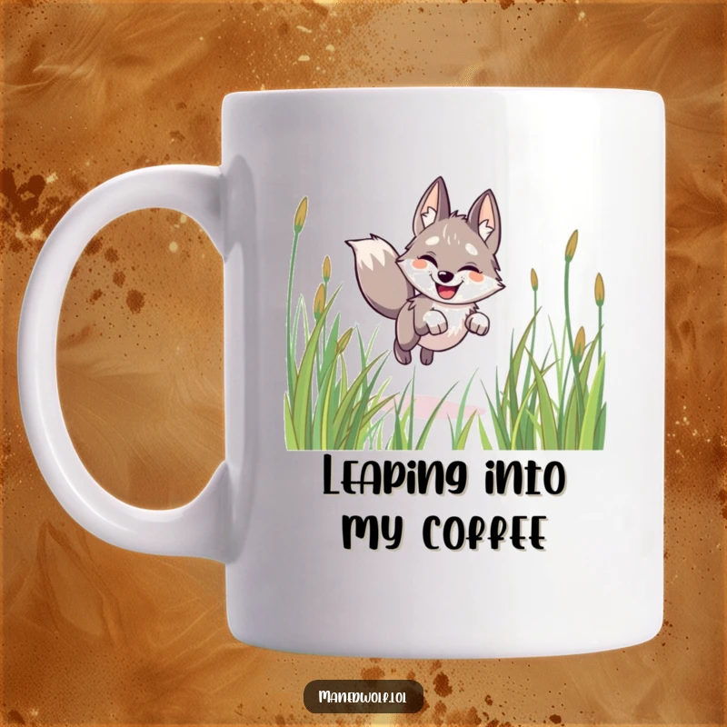 Funny maned wolf mug, ears perked, leaping joyfully through tall green grass, expressing pure happiness and energy.