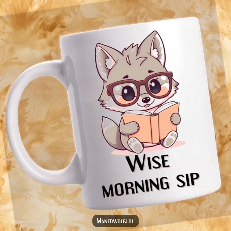 Funny kawaii maned wolf wearing oversized glasses, engrossed in reading a tiny book, exuding adorable scholarly charm.