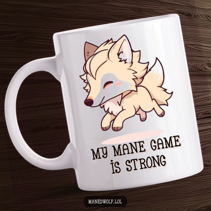 Funny Kawaii Maned Wolf Mug featuring a fluffy-maned wolf leaping joyfully, embodying playful and spirited energy, perfect for a cheerful gift.