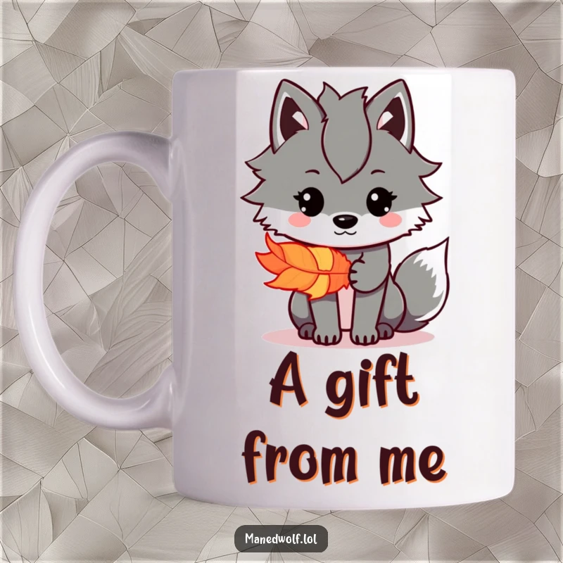 Funny Kawaii Maned Wolf Mug featuring a cute wolf gently offering a colorful feather, a symbol of kindness, funny gift.