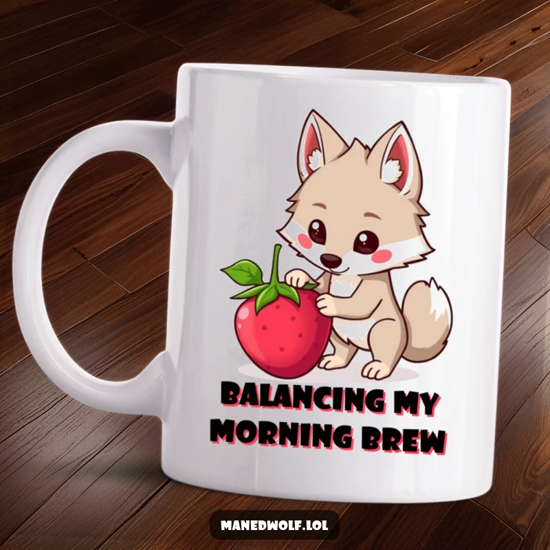 Funny Kawaii Maned Wolf Mug showing a cute wolf struggling to balance a large berry, embodying determination and lighthearted effort.