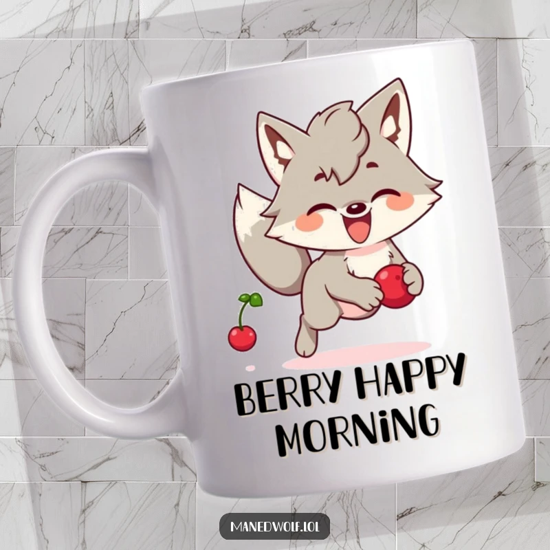 Funny Kawaii Maned Wolf Mug: A cute maned wolf joyfully chasing a bouncing berry, bringing playful humor.