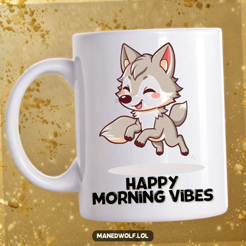 Funny kawaii maned wolf mug featuring a cute wolf doing a happy, bouncy trot, bringing infectious joy to your coffee break.