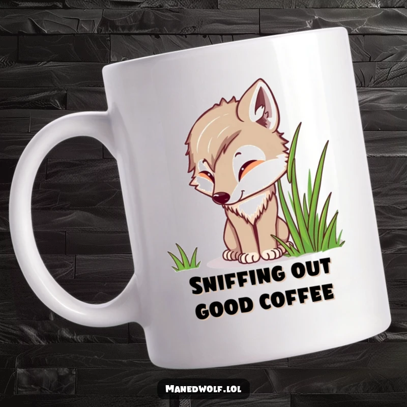 Funny Kawaii Maned Wolf Mug featuring a cute wolf curiously sniffing tall grass, embodying a gentle and inquisitive spirit, perfect for gift-givers.