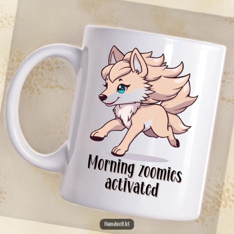 Funny kawaii maned wolf mug showcasing a cute wolf running with its mane flowing dynamically, perfect for coffee lovers on the go.