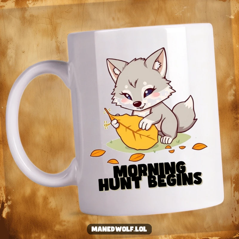 Funny kawaii maned wolf mug showing a cute creature playfully pouncing on a fallen leaf, capturing a moment of delightful fun.